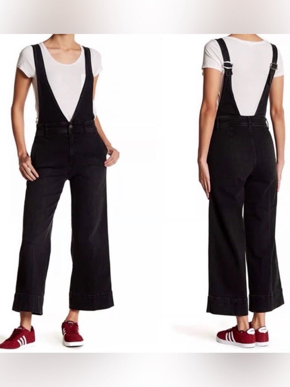Free People Black Wash Wide-Leg Cropped Denim Overalls Size 4